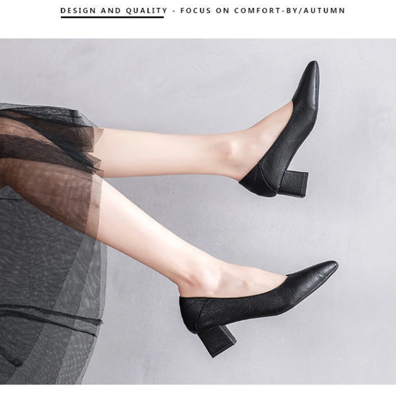 Black Chunky Heeled Women Shoes Square Heel Leather Shoes Pumps Zapatos De Mujer Fashion Designer Office Ladies Shoes
