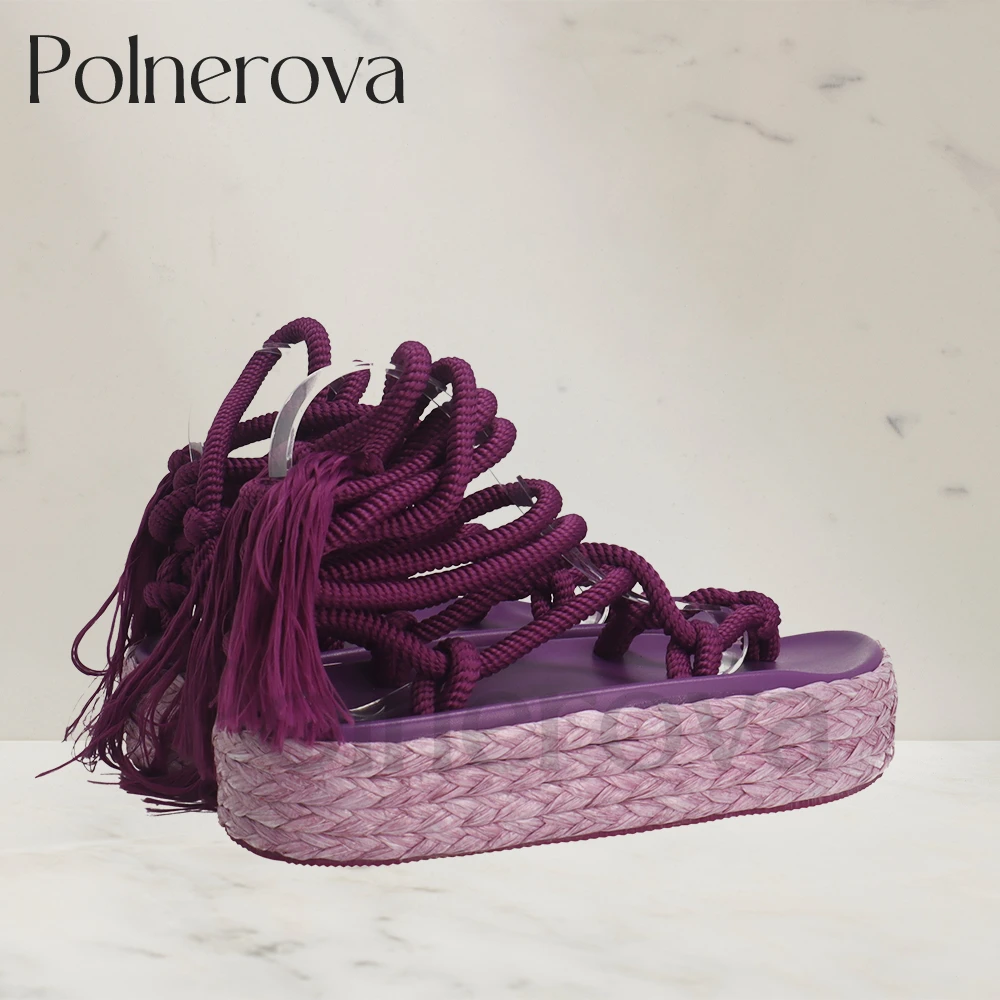 Platform Rope Sandals Tassel Lace Up Summer Shoes Flip Flop Sandals Designer Style Round Toe Shoes for Women Purple Green Beige