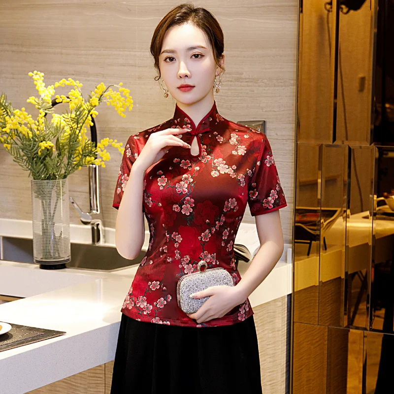 

Summer Womens Shirt Tops Traditional Chinese Style Rayon Blouse Lady Mandarin Clar Qipao Mujer Camisa Size S M L XL XXL