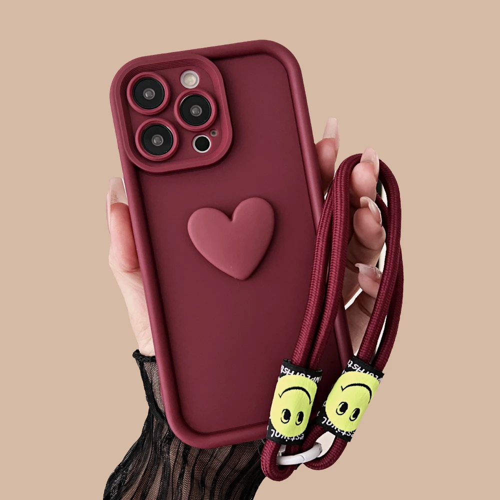 3D Love Heart Wrist Chain Phone Case For Samsung A56 A26 A36 A16 A06 A15 A35 A55 A25 A05S A54 A34 A14 A24 Strap Lanyard Cover