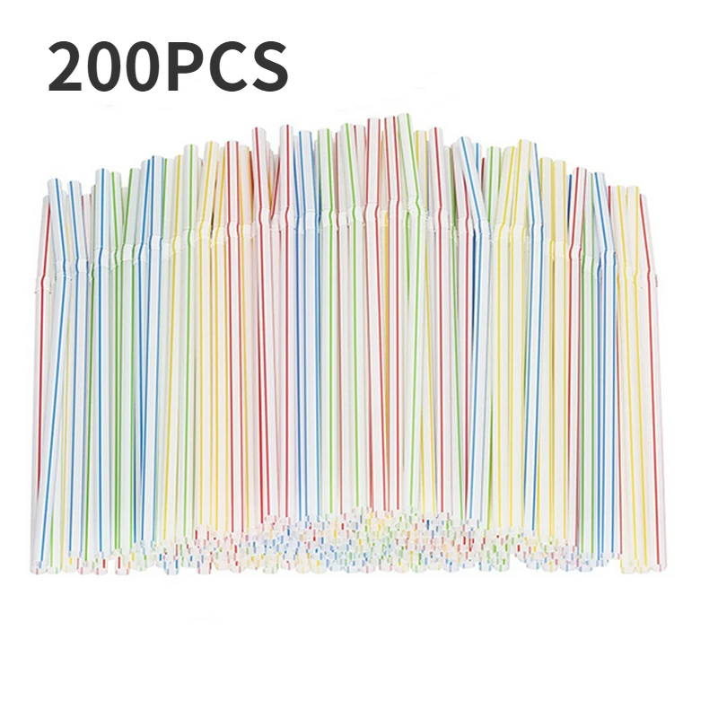 

200Pcs Disposable Plastic Drinking Straws Multi-colored Striped Bendable Elbow Straws Party Event Alike Supplies Color Random