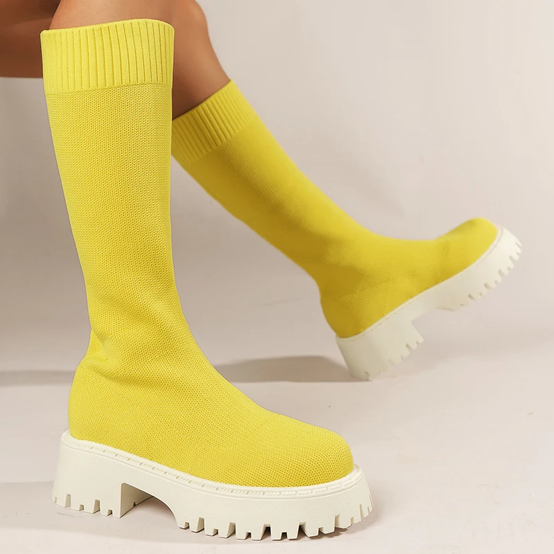 

Chunky Knee High Mesh Boots Chelsea Women Mid Heels Shoes Trend Winter 2023 New Goth Boots Designer Causal Motorcycle Zapatos