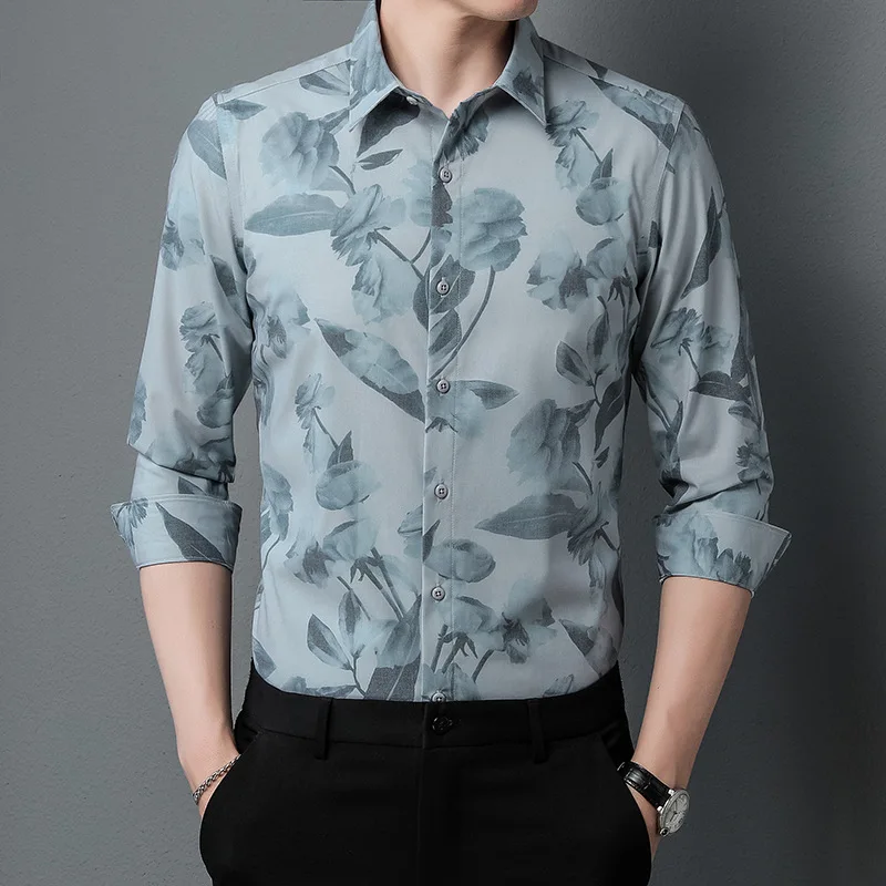Mattswag Mens Flower Printed Long Sleeve T Shirts Vintage Classic Breathable Men's Clothing Casual Slim Fit Shirts Camisa Hombre
