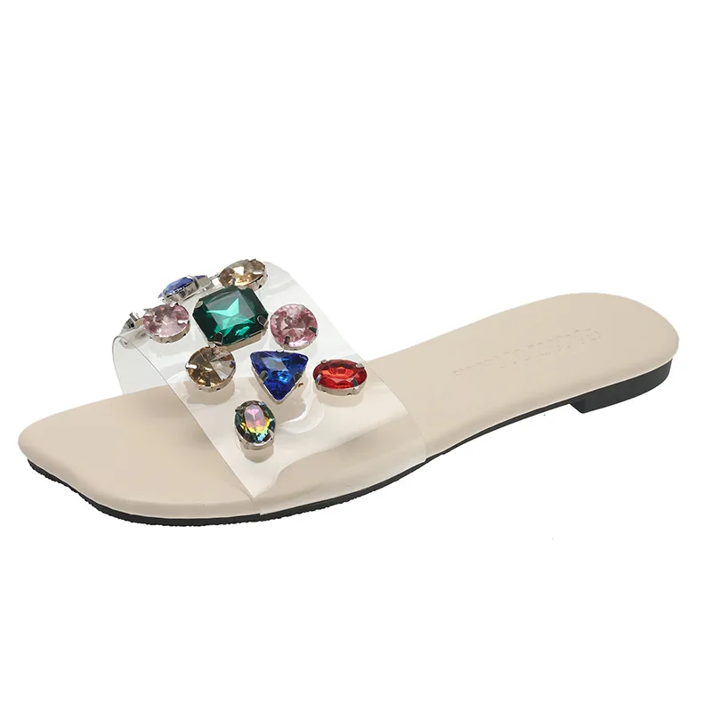 Large size women's flat bottom sandals 2022 summer new outer wear rhinestone square root slipper