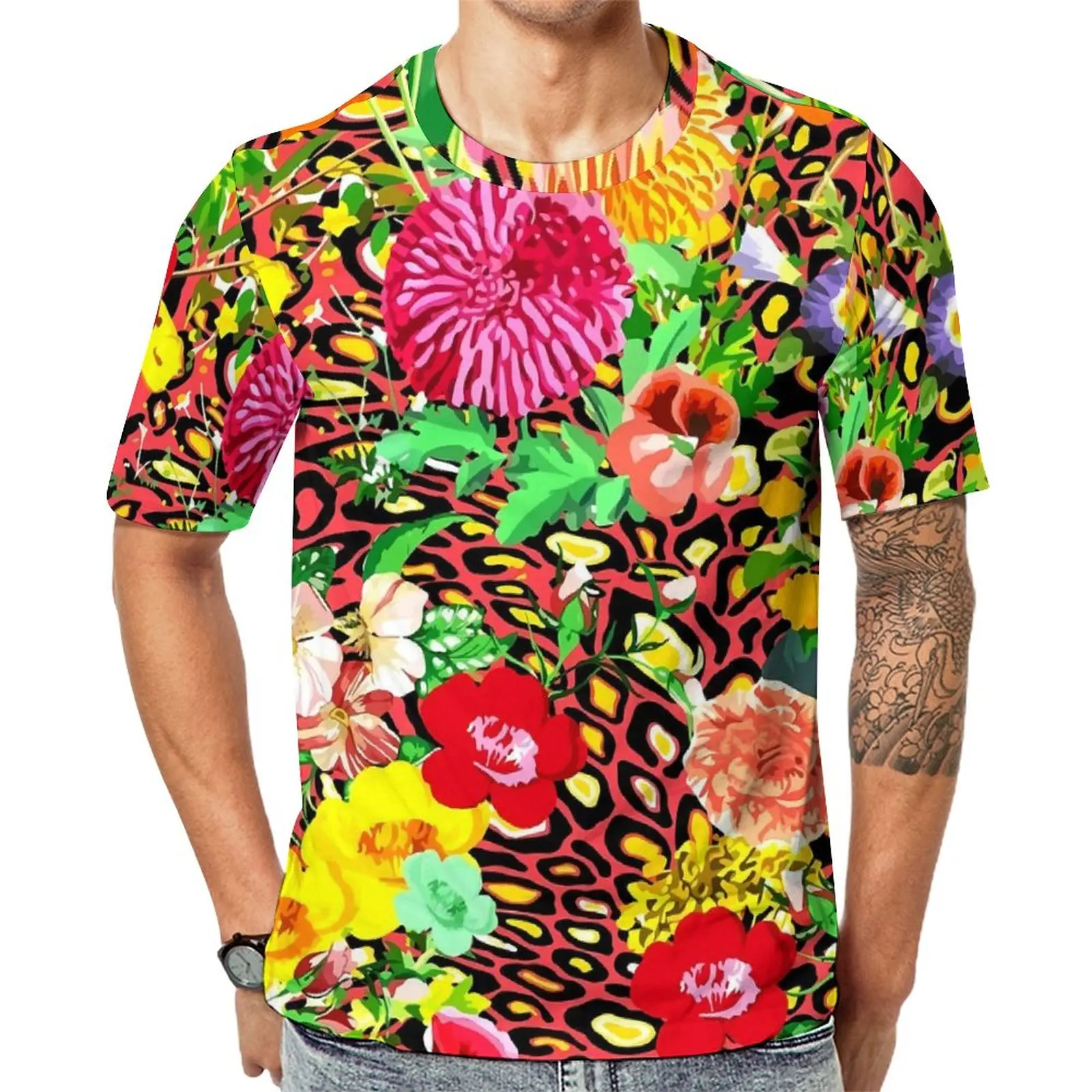 

Floral Leopard T-Shirt Colorful Flower Print Aesthetic T-Shirts O-Neck Fashion Tee Shirt Summer Man Pattern Top Tees Plus Size
