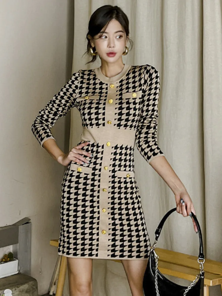 

Women Plaid Houndstooth Knitting Dress Autumn Fashion Vintage Knitted Sweater Robe Work Streetwear Winter Bodycon Plaid Dress