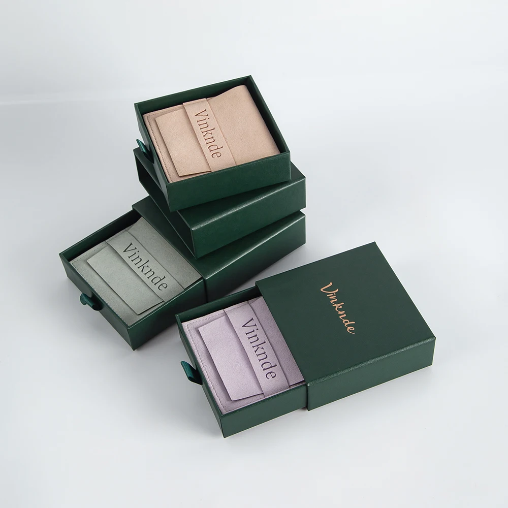 Green Product Package Boxes Custom Logo Print Sliding Drawer Carton Jewelry Packaging Organizer Box Case Microfiber Pouches Bags