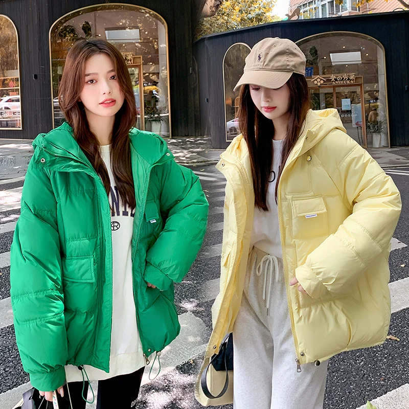

2023 Winter women's Clothing, Down Cotton Coat, Warm, Fashionable Cotton Coat, Large Pocket Hooded Candy Color Cotton Jacket