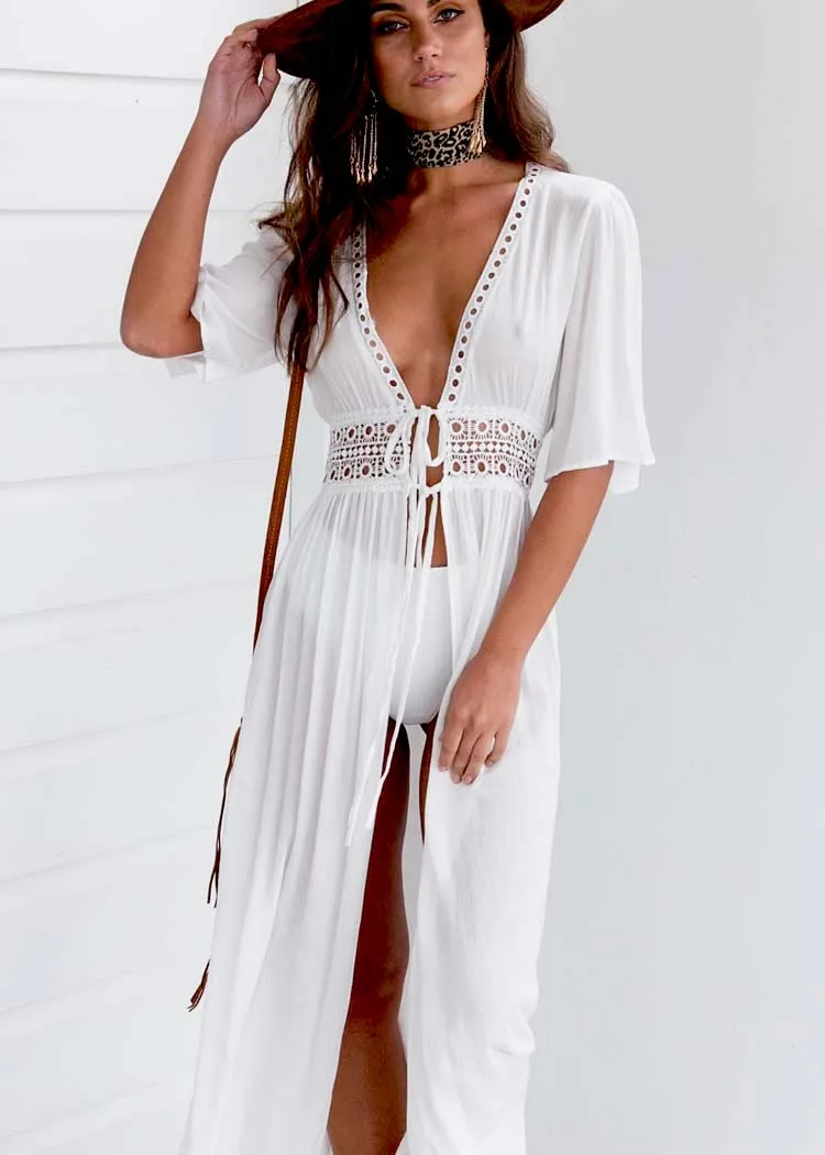 

3XL Summer Sexy Women Beach Cover Up V Neck Dress Long Maxi Dress Tunic Pareo Robe Swimwear Bathing Suit Beachwear Ropa Mujer
