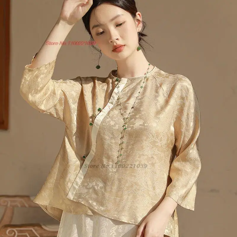 

Женская жаккардовая атласная блузка в восточном стиле