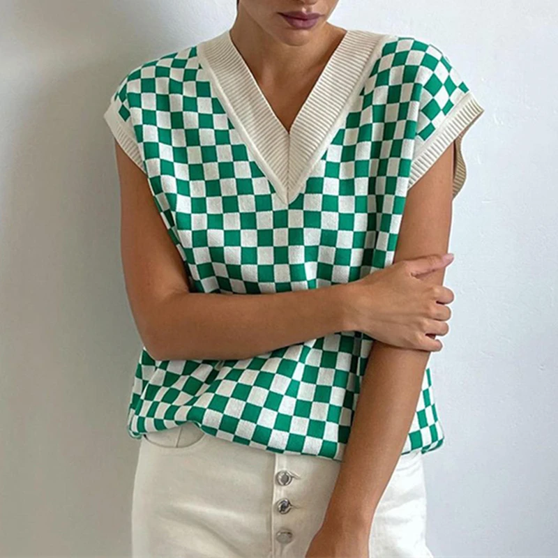 

Ladies Autumn Winter Plaid Sweater Women Vest Pullover Casual Loose Streetwear Women Sweaters Knitted Female Waistcoat Chic Tops