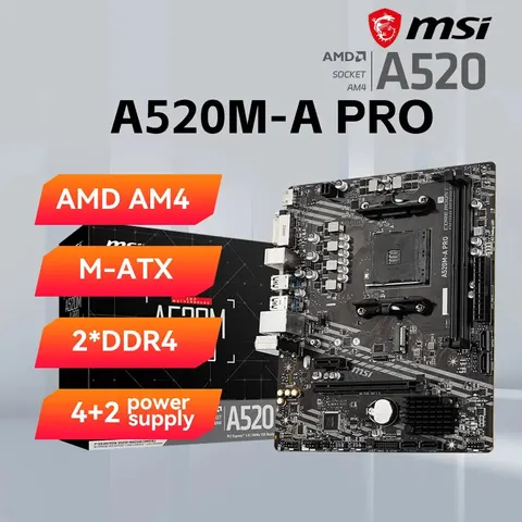 MSI A520M-A PRO системная плата AMD AM4 Zen 3,M-ATX PC, 2XDDR4, PCIe 3,0, M.2, SATA 6 Гб/с, USB 3,2 HDMI/DVI, чипсет AMD A520