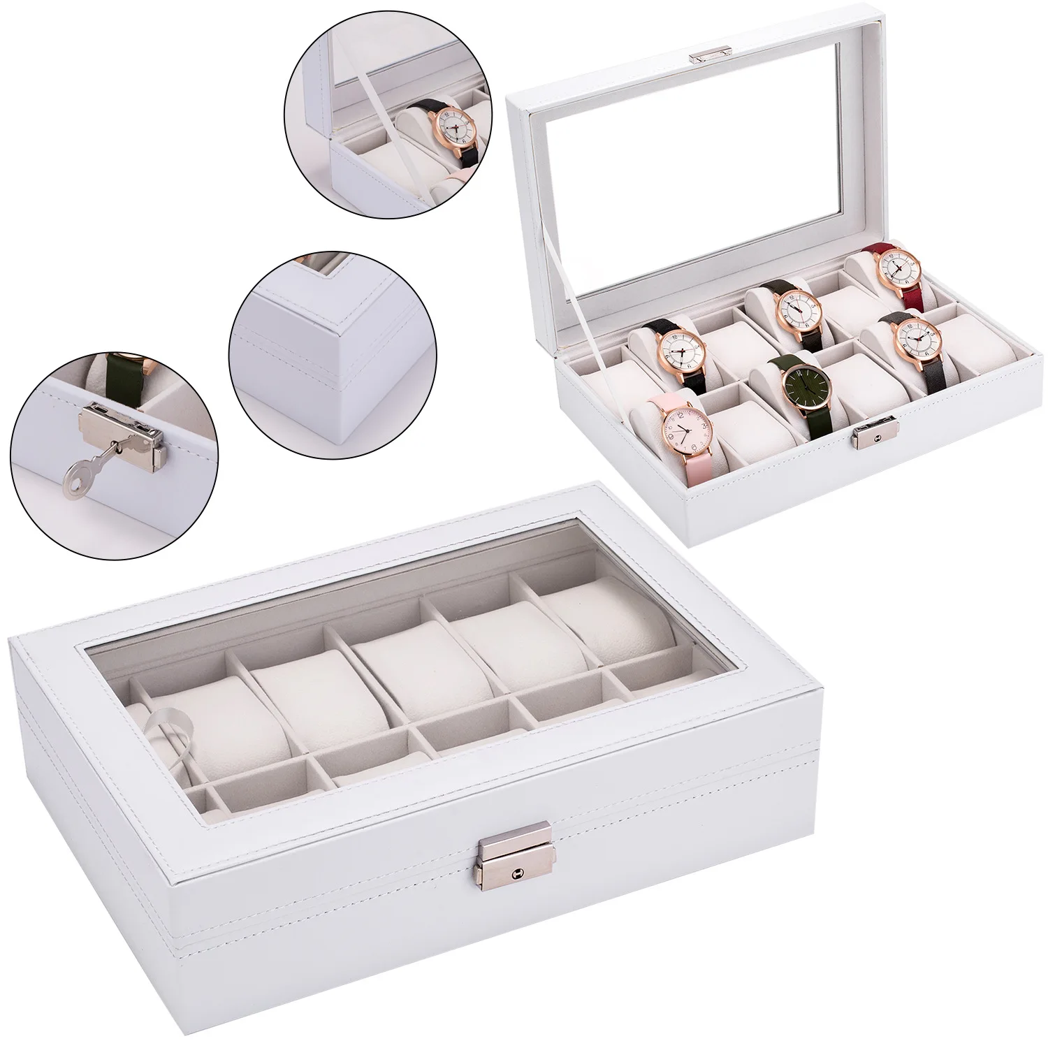 12 Slots Big White Watch Boxes Packaging Organizer Brown For Men Women Mechanical Watches Storage Upscale Jewellery Case Box PU