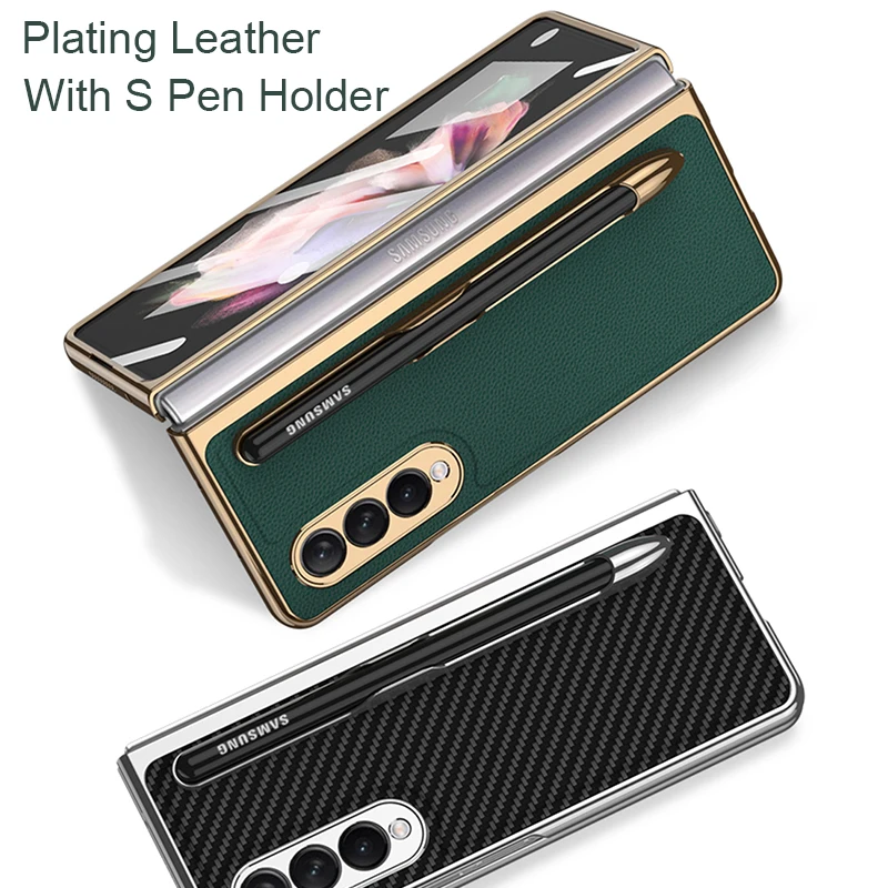 

S Pen Holder Leather Case For Samsung Galaxy Z Fold 3 5G Phone Case With S Pen Slot Full Protection Tempered Glass 3 Fold Cover
