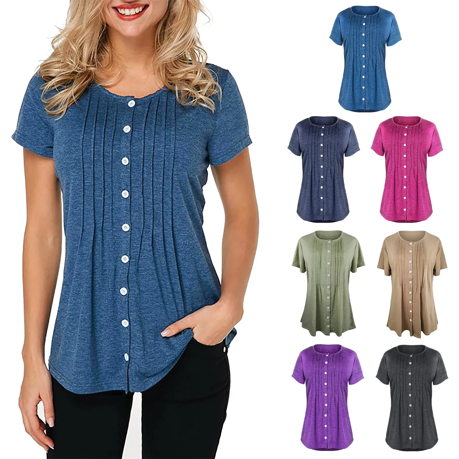 

Purple Button Pleated Tunic Tops Blusas Women Casual Short Sleeve Loose Blouse Female Pullover Cotton Tops Summer Blusa Camisa