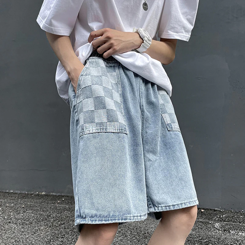 Plaid Patchwork Jean Shorts Mens Summer Casual Straight Leg Denim Pants Teenage Korean Fashion Trends Baggy Streetwear Bottoms