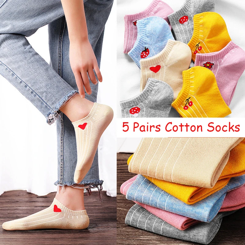 5 Pairs of High Quality Womens Cotton Socks Summer Thin Cute Flower Boat Socks Sweat Absorbent Breathable Ladies Invisible Socks