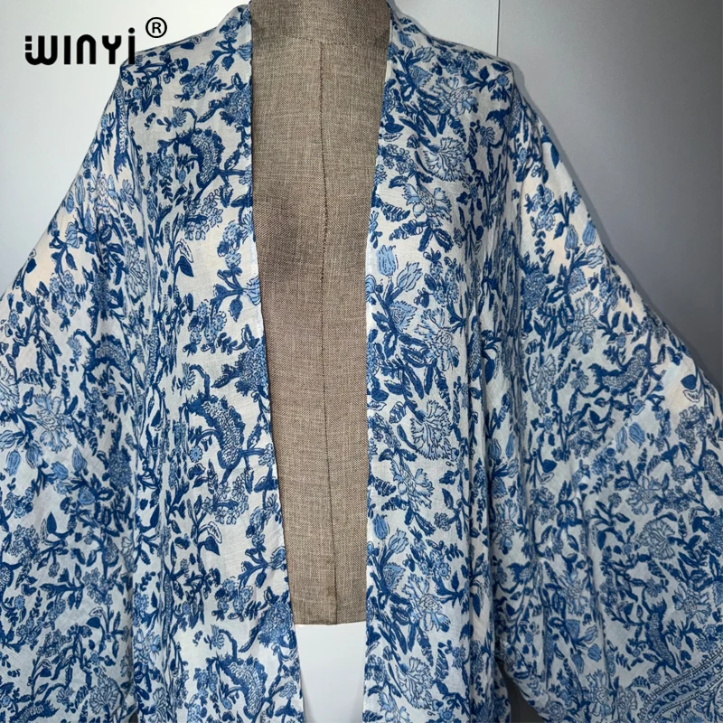 Фото WINYI Богемное кимоно для женщин, праздничный кафтан, пляжная одежда, свободный кардиган, вечернее платье, роскошные дубайские накидки, пляжный наряд №2