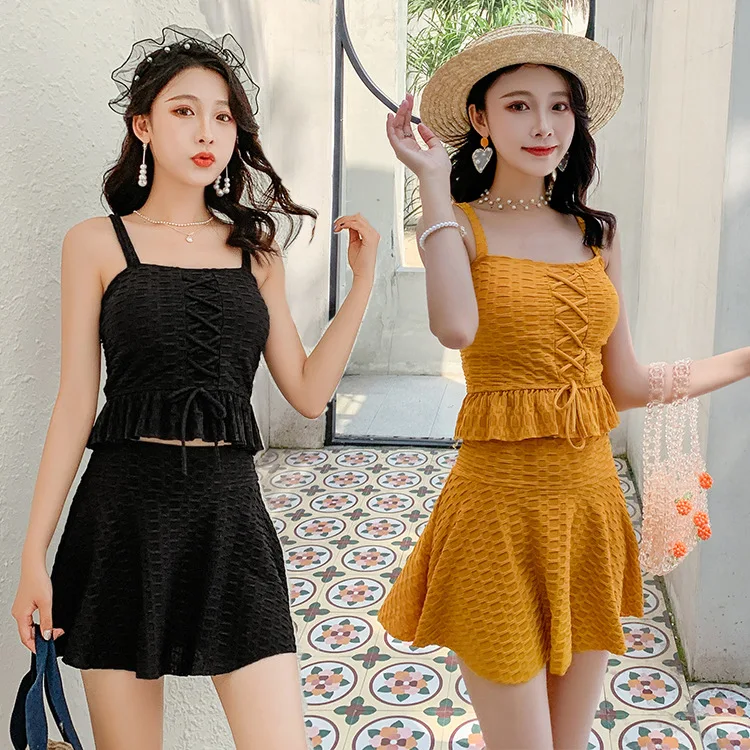 

Hot Spring Suit Split Swimsuit Woman 2023New Small Breast Conservative High-quality Pure Want To Bubble Meat Black Short-sleeved