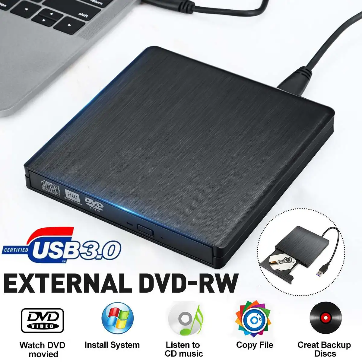 

Gtwoilt External USB 3.0 Slim External DVD RW CD Writer Drive Burner Reader Player Optical Drives For PC Laptop Windows PC