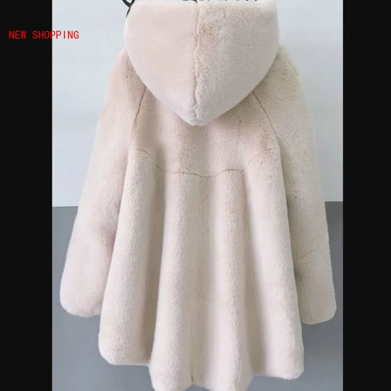 Winter Mink Coat Female New Haining Mid-length Hooded Long-sleeved Fashion Casuak Thick Waem Mink Fur Coat Long Sleeve Overcoats