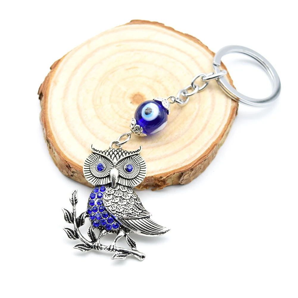 Owl Glazed Blue Eyes Keychain Metal Pendant Evil Devil's Eye Car Accessory Peace Hanging Anti Lost Key Ring Chain Noctua Jewelry