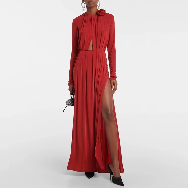 

Женское платье с разрезом, длинное платье с пряжкой и цветочным принтом, ручной работы, y2k, осень 2023
