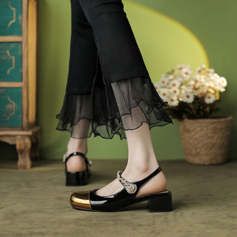 2023 new French small chunky heel Mary Jane women's shoes vintage mid-heel square toe single shoes 573