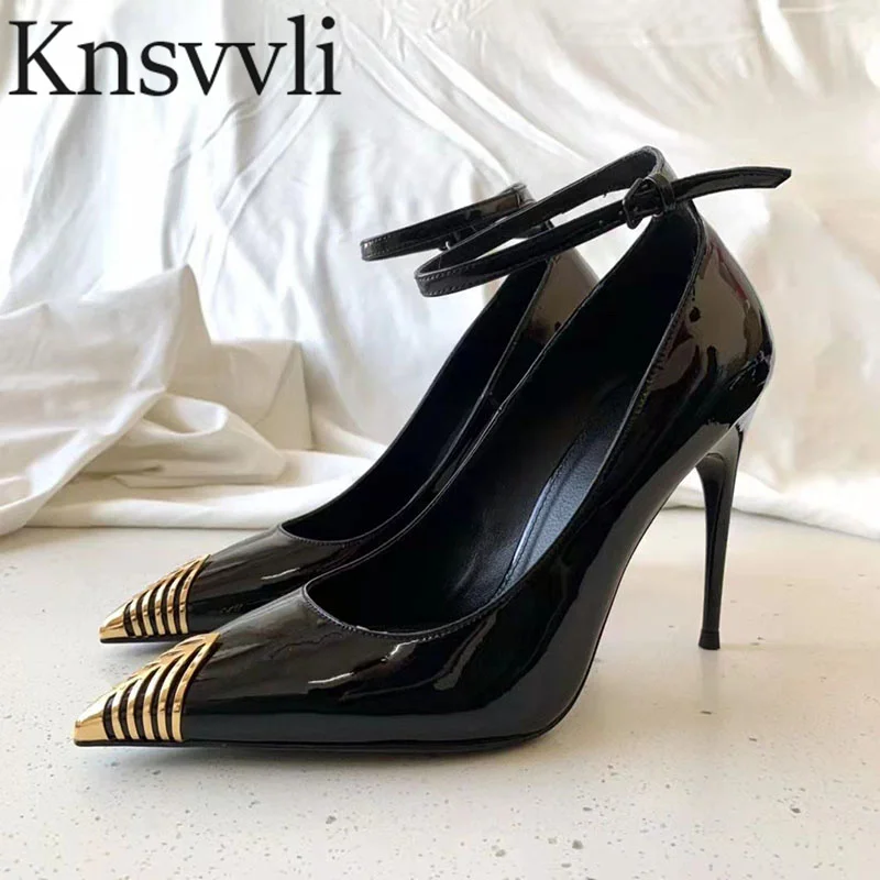 

Sexy Pumps Shoes Woman Patent Leather Pointy Toe High Heels Ladies Metal Decoration Party Wedding Stiletto Shoes Women