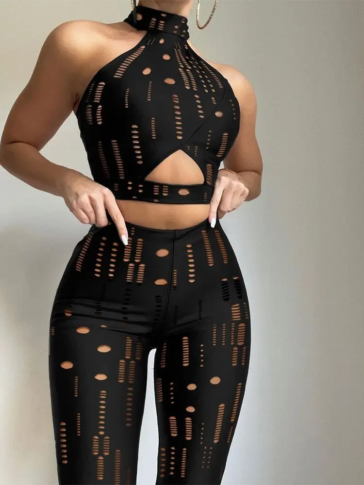 

Комплект из двух предметов для женщин, пикантный укороченный топ с вырезами и штаны с геометрическим принтом, повседневные свободные брюки