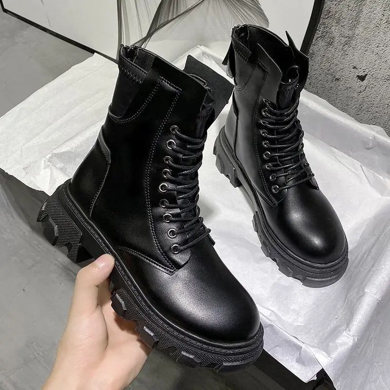 2022 Autumn New Lace Retro Motorcycle Boots Women British Thick Heel Platform Boots Women Shoes PU Round Toe Ankle Boots Winter