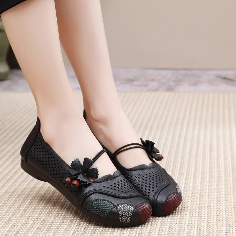 Beads Mary Janes Shoes For Women Summer Flats Ladies Breathable Driving Shoes Woman Loafers Mom Low Heels Shoes Free Shipping