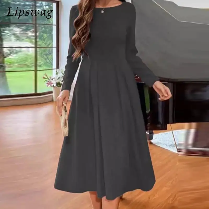 

Женское однотонное платье с круглым вырезом, длинным рукавом