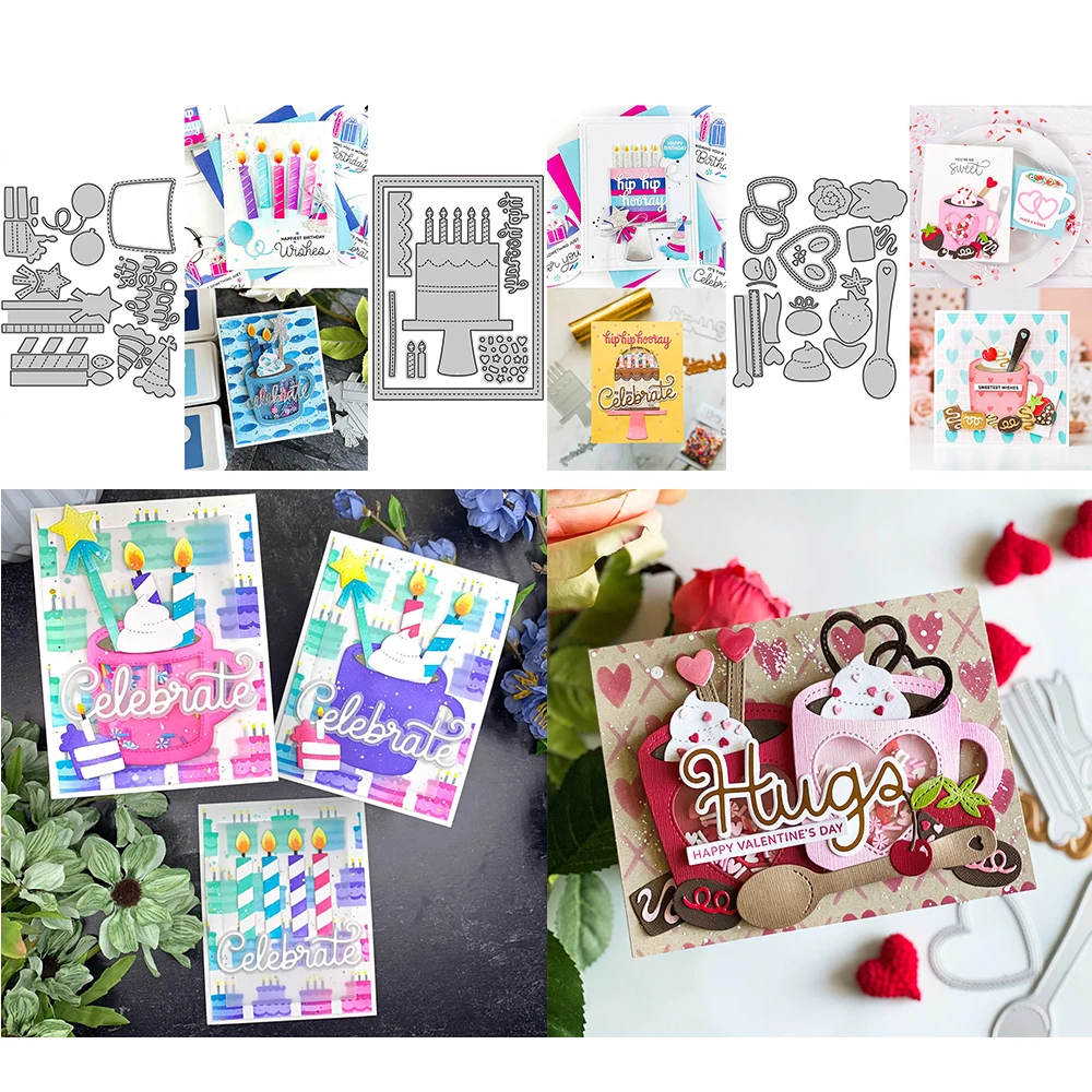

Birthday Mug Spoon Metal Cutting Dies Cake with Candles Hat Balloon Wand Love Heart Celebrated Die Cut for DIY Scrapbooking 2023