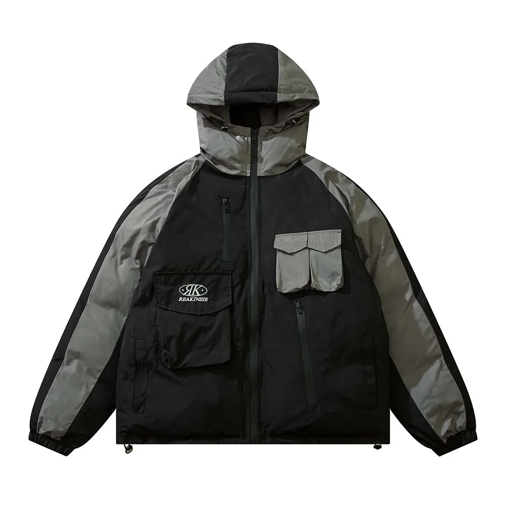 Harajuku Thick Puffer Jacket Men Cotton Colour block Hooded Padded Jackets Japanese Casual Oversize Coat Winter Unisex Parkas