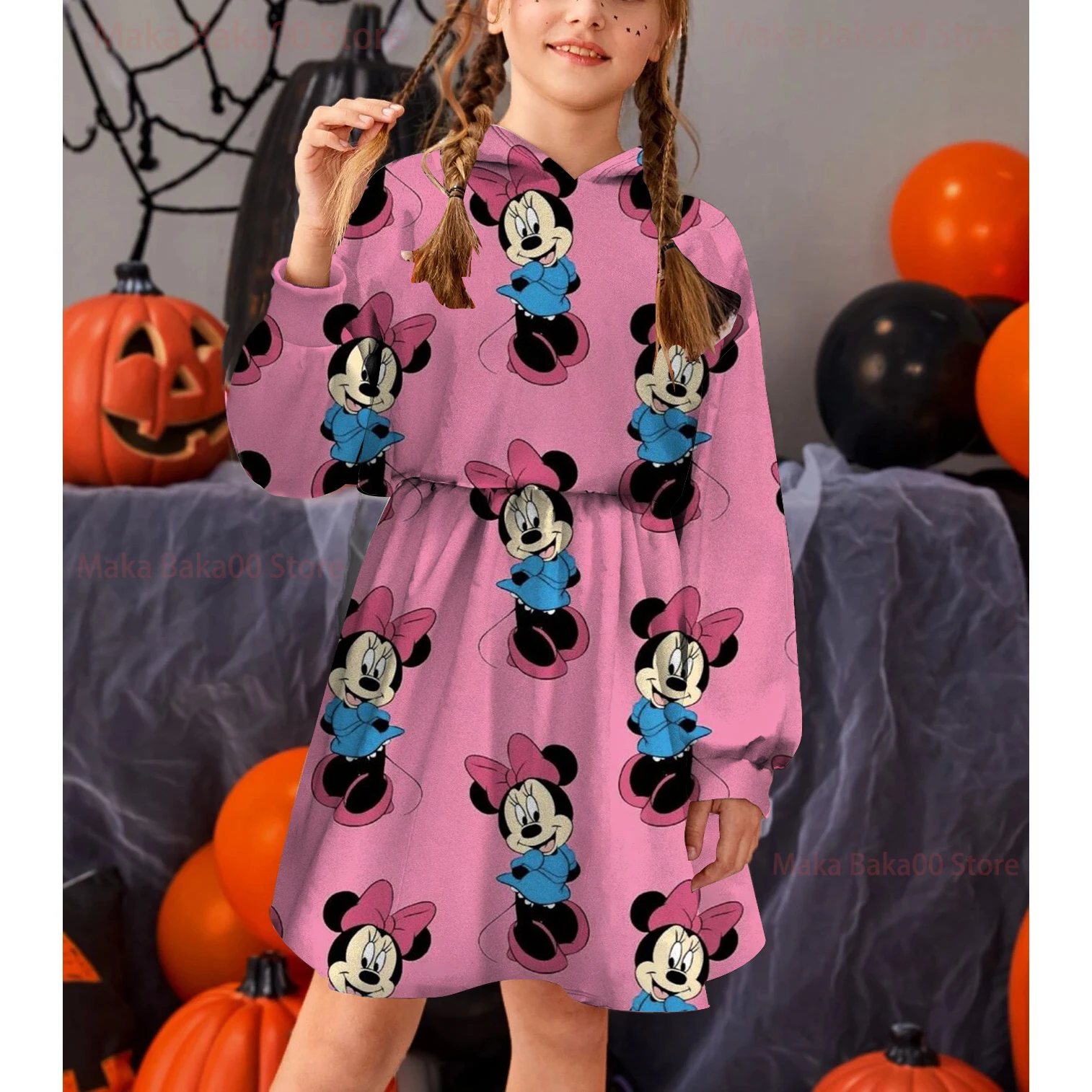 

Children's hooded dress print girl princess dress new Disney Mickey and Minnie print spring and autumn cartoon girl sweater