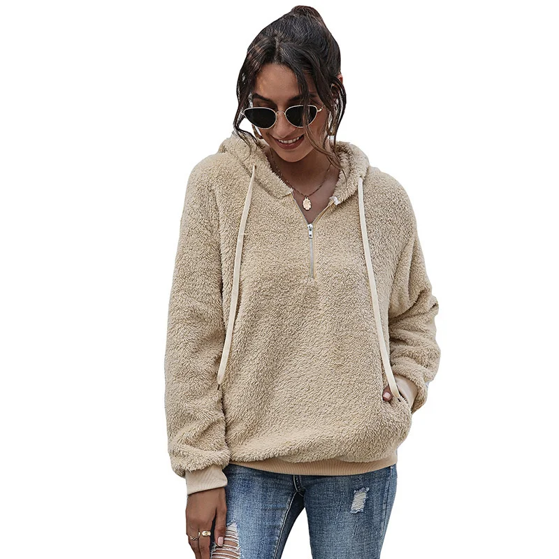 fall/winter pullover solid color hoodie drawstring top women plush