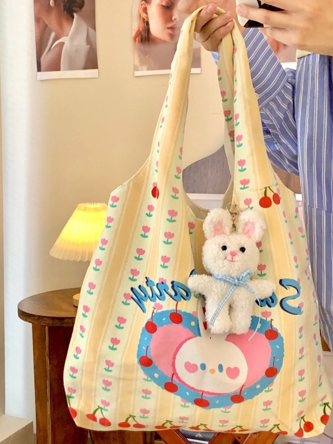 Cartoon Print Canvas Tote Bag for Women Large Capacity Student Commuter Bag Ladies Casual Shopping Tote Bag Bolso Mujer