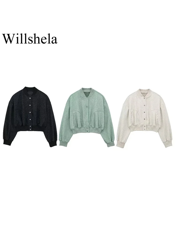 

Willshela Women Fashion Solid Single Breasted Bomber Jackets Vintage O-Neck Long Sleeves Female Chic Lady Outfits