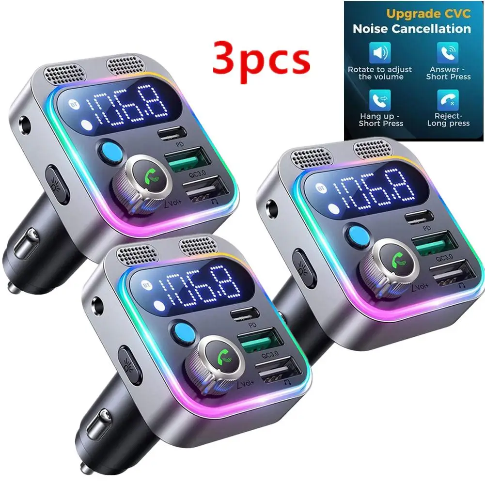 

3X 2023 Bluetooth 5.3 FM Transmitter for Car, [Stronger Dual Mics Deep Bass Sound] , 48W PD&QC3.0 Car Charger Bluetooth Adapter