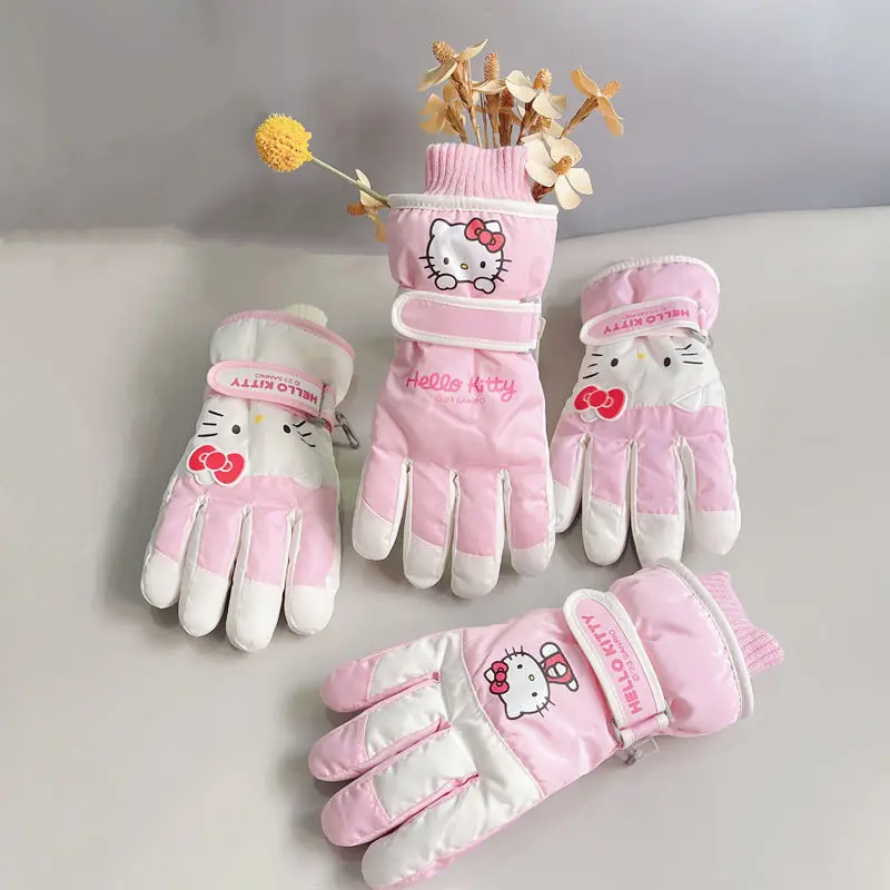 

Новые периферийные лыжные перчатки Sanrio Hello kitty, зимние милые теплые и непромокаемые Нескользящие Детские утепленные бархатные перчатки