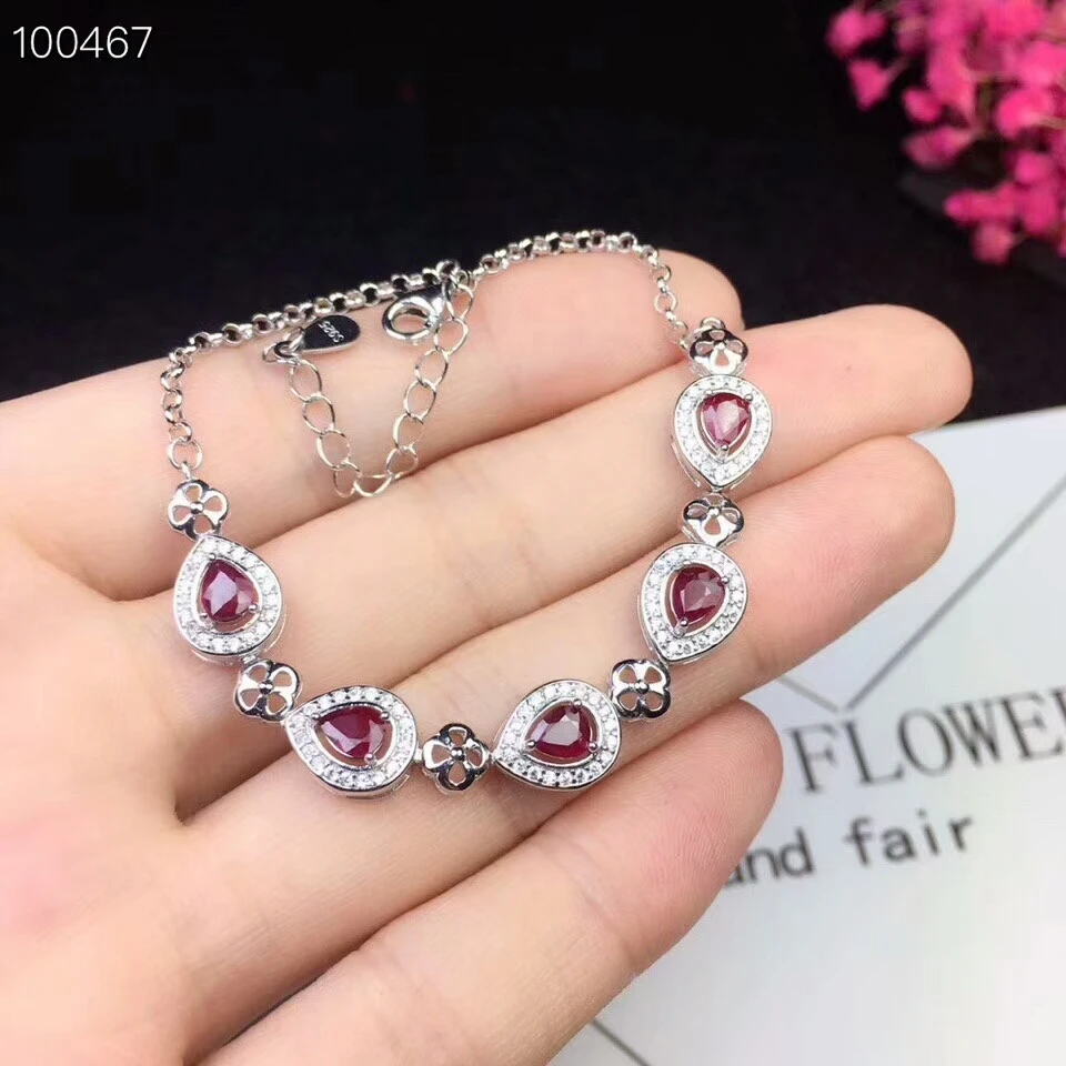 

[MeiBaPJ]Real Natural Ruby Gemstone Bracelet 925 Sterling Silver Red Stone Bangle for Women Fine Wedding Jewelry