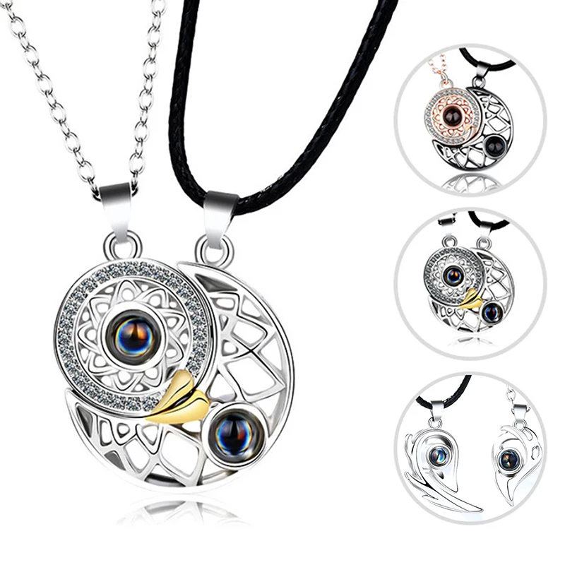 

1/2PCS Sun Moon Couple Projection Necklaces I LOVE YOU In 100 Languages Projection Necklace For Memory Of LOVE Choker Necklace