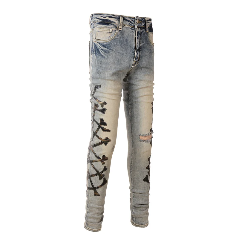 Fashion Designer Men Jeans Retro Stretch Slim Fit Patched Ripped Jeans Men Hole Trousers Streetwear Hip Hop Brand Pants Hombre