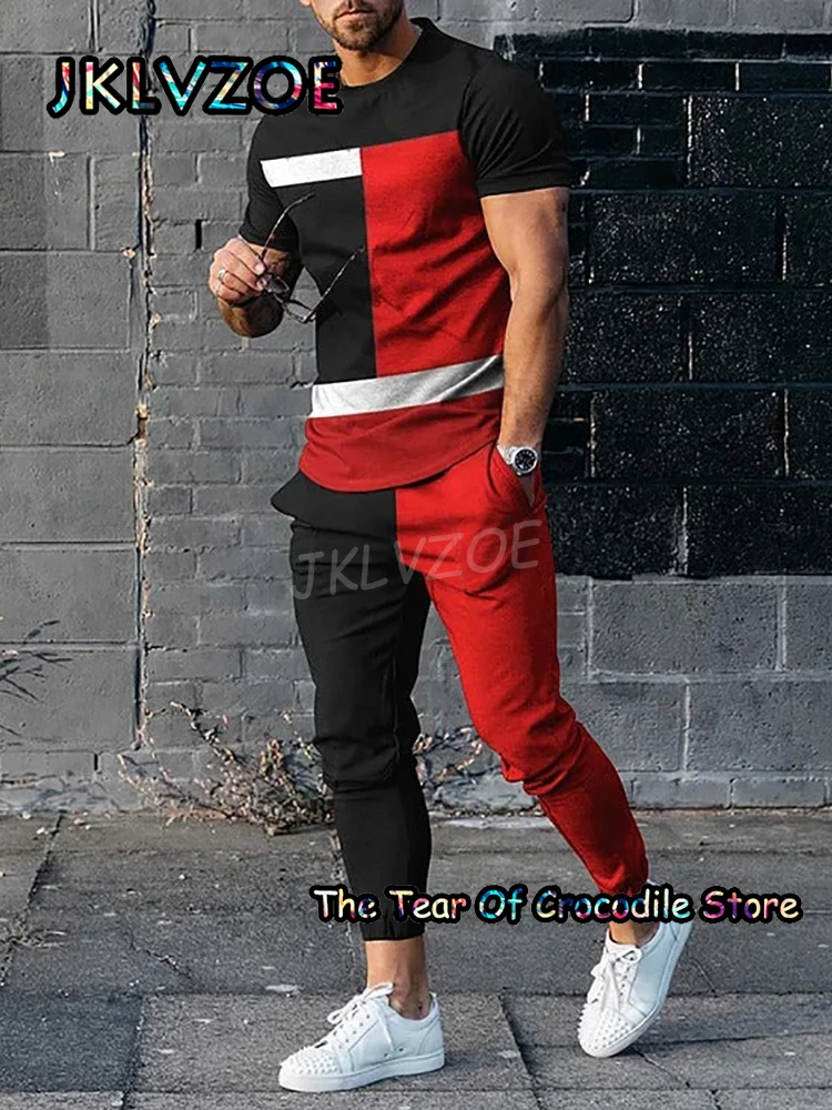 2023 Stripe Men's T Shirt Set Tracksuit Short Sleeve Long Pants Street Streetwear Printing 2 Piece Outfits Summer Clothes