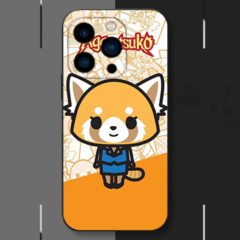 MINISO Cute Aggretsuko Phone Case for iPhone 12 11 13 14 15 16 Max Pro Plus Black Soft Silicone Cover
