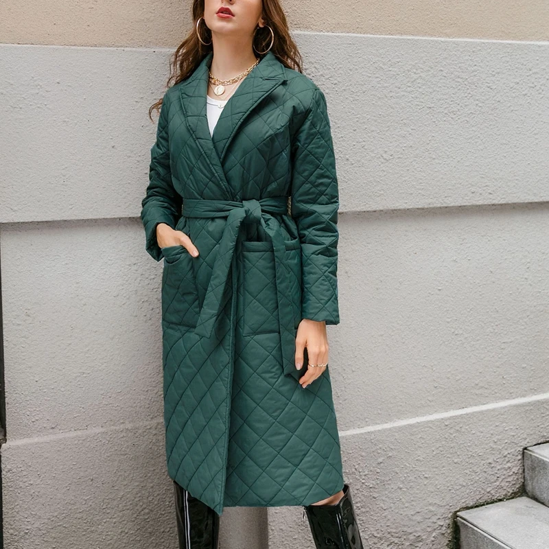 CCI Women Long Jacket Coat for Winter 2022  Beige Fashion Parka Green Quilted Warm  with Belt for  Female  Clothes YJ016C