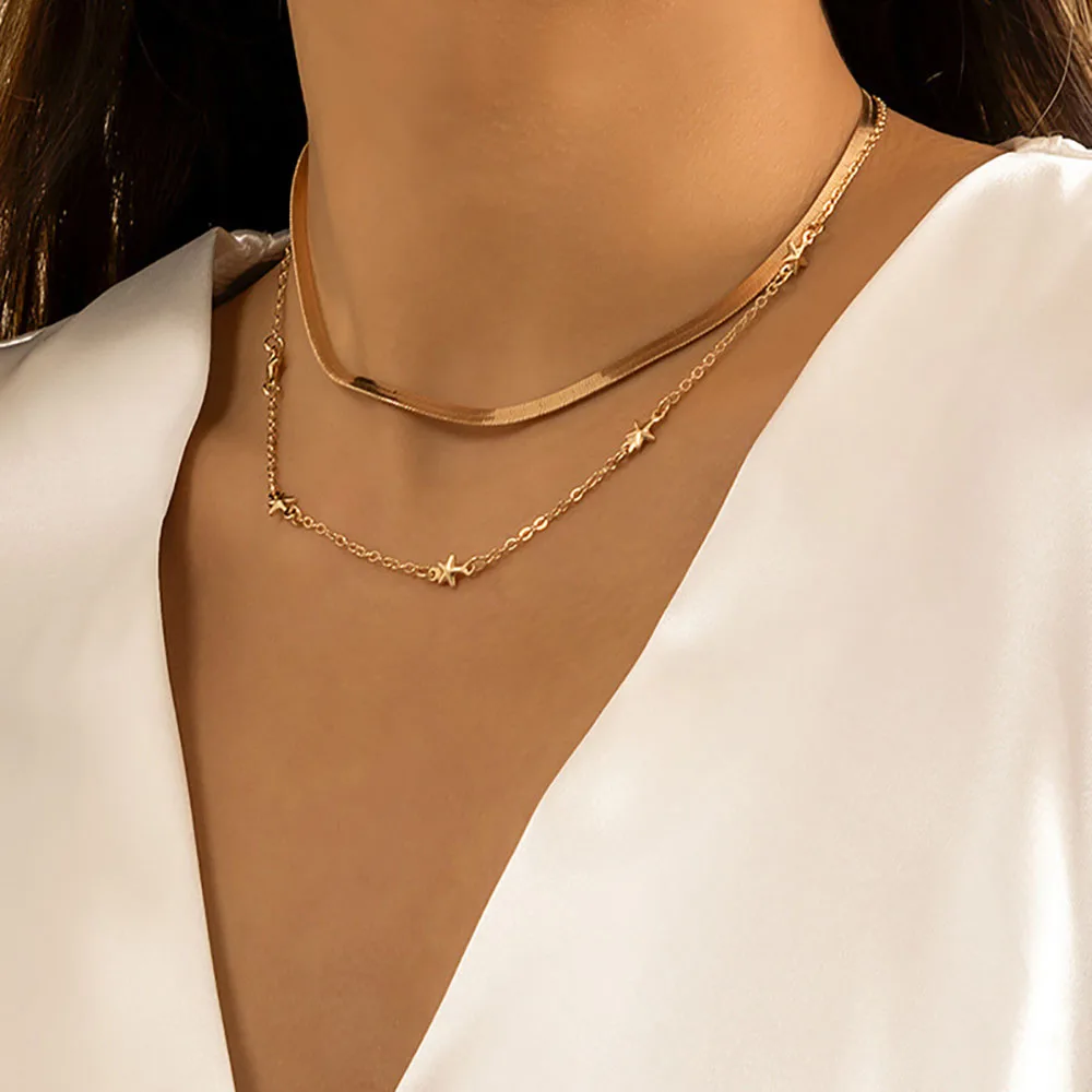 

Boho 2022 Multilayer Metal Flat Snake Chains Clavicle Necklace Women Gold Color Pentagram Chain Necklaces Girls Fashion Jewelry
