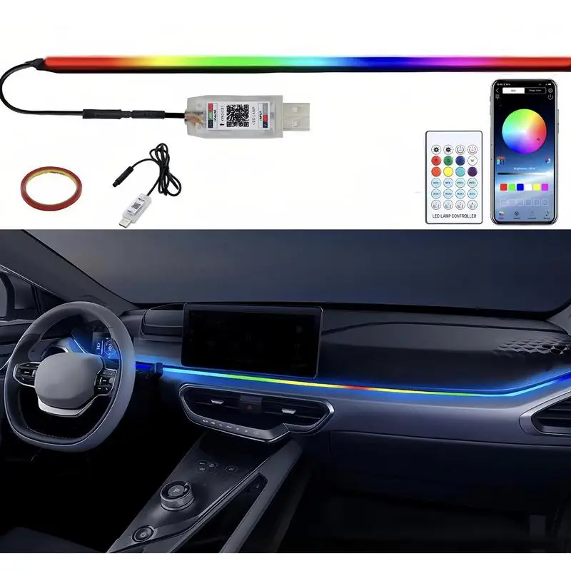 

RGB Светодиодная лента для автомобиля, внутренние молдинги для автомобиля, освещение для атмосферы, управление через приложение, разноцветное оптоволокно, фотография с музыкальным ритмом