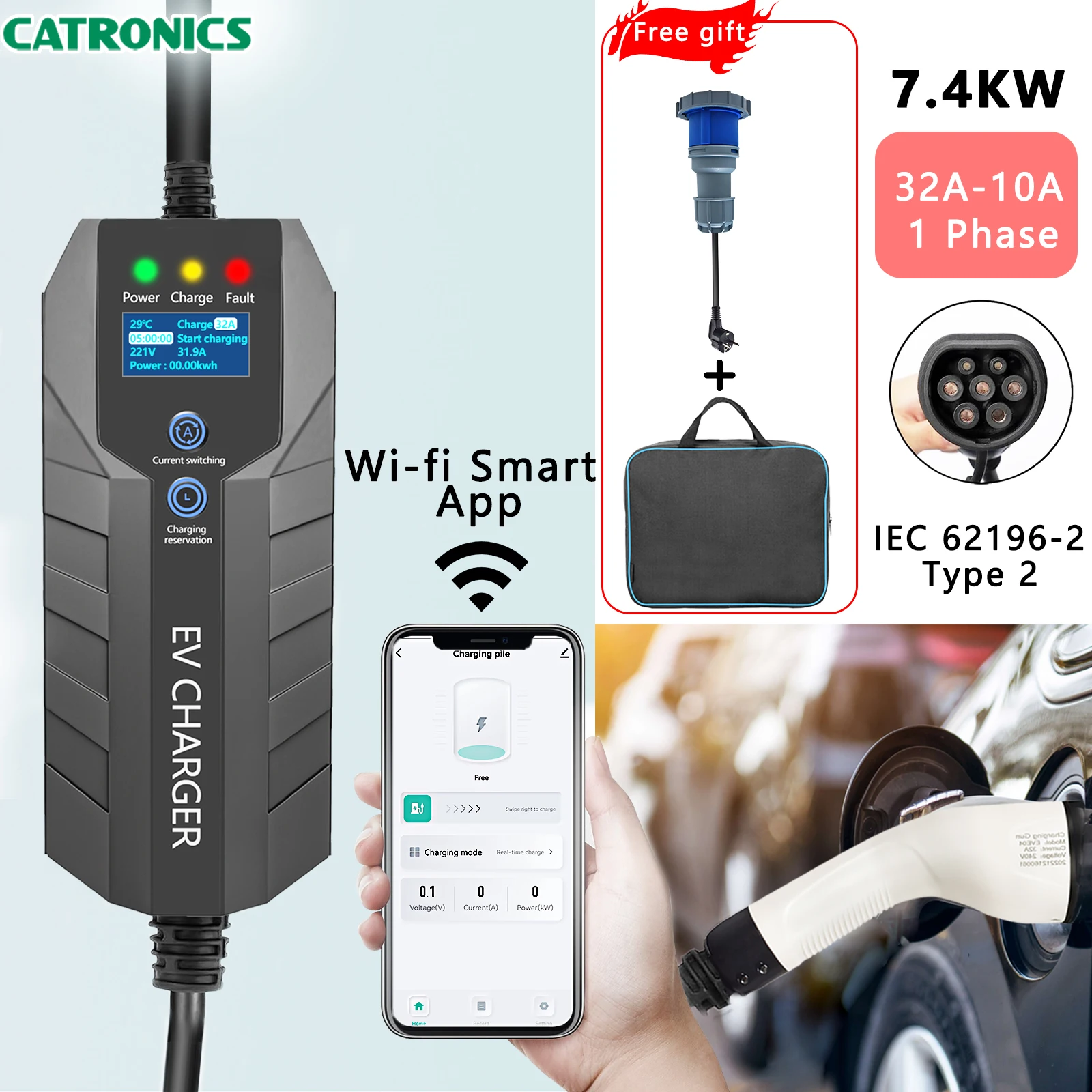 

Портативное электрическое зарядное устройство для электромобилей CATRONICS, тип 2 7 кВт, 32 А, 1-фазная Регулировка тока и задержка зарядки, 5 м, вилка CEE, Wi-Fi, умное приложение